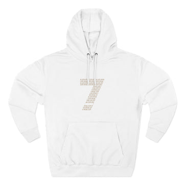 Minimalist Number 7 Fleece Hoodie — Soft White Hooded Sweatshirt with Subtle Typographic '7' Design