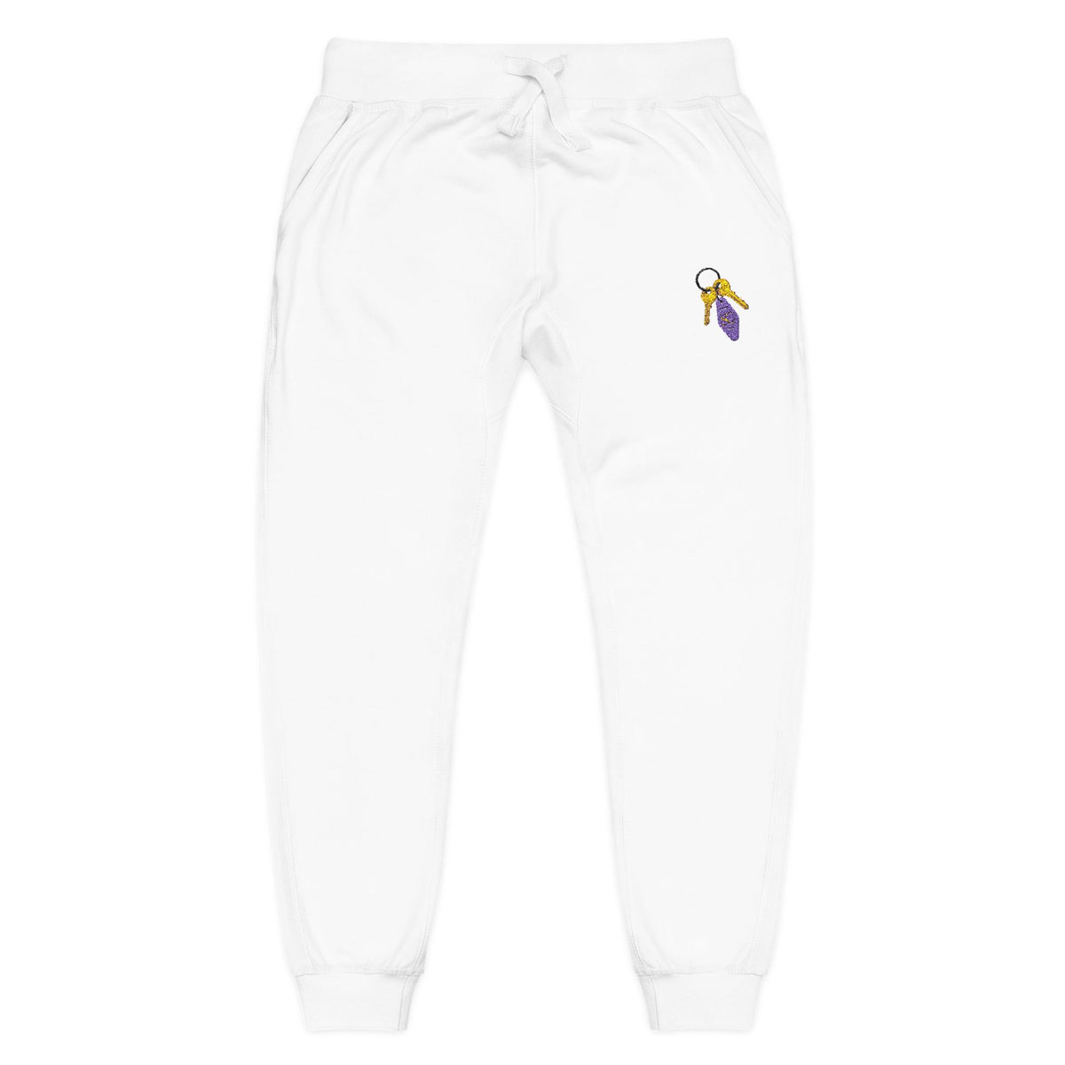 Embroidered Key & Feather Fleece Sweatpants — Cozy White Joggers