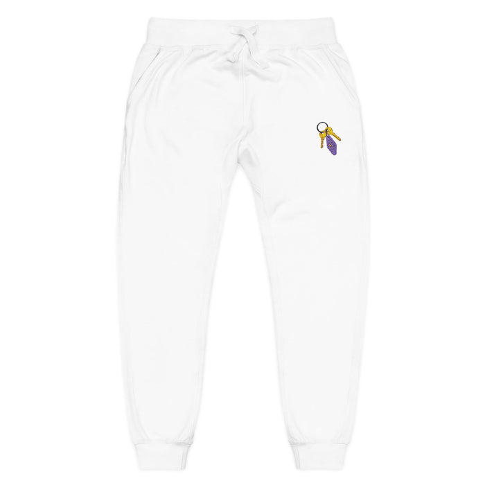Embroidered Key & Feather Fleece Sweatpants — Cozy White Joggers