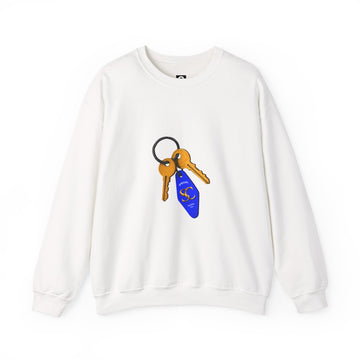 Crewneck Sweatshirt with Keychain Graphic – Retro Motel Key Tag Design
