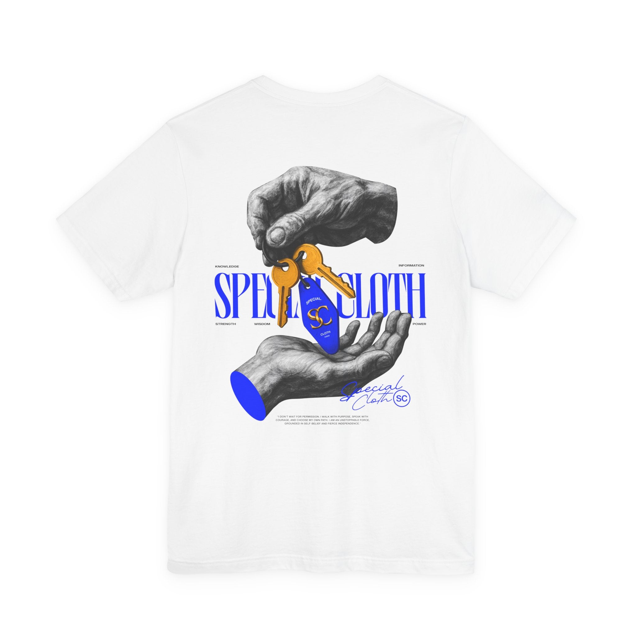 Got Keys? Graphic Tee | Split Cloth logo shirt, blue and gold art