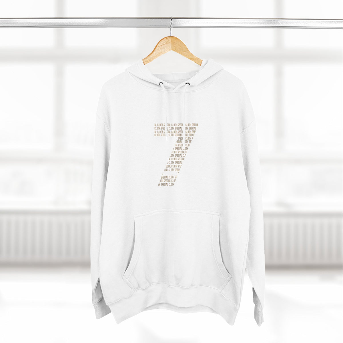 Minimalist Number 7 Fleece Hoodie — Soft White Hooded Sweatshirt with Subtle Typographic '7' Design