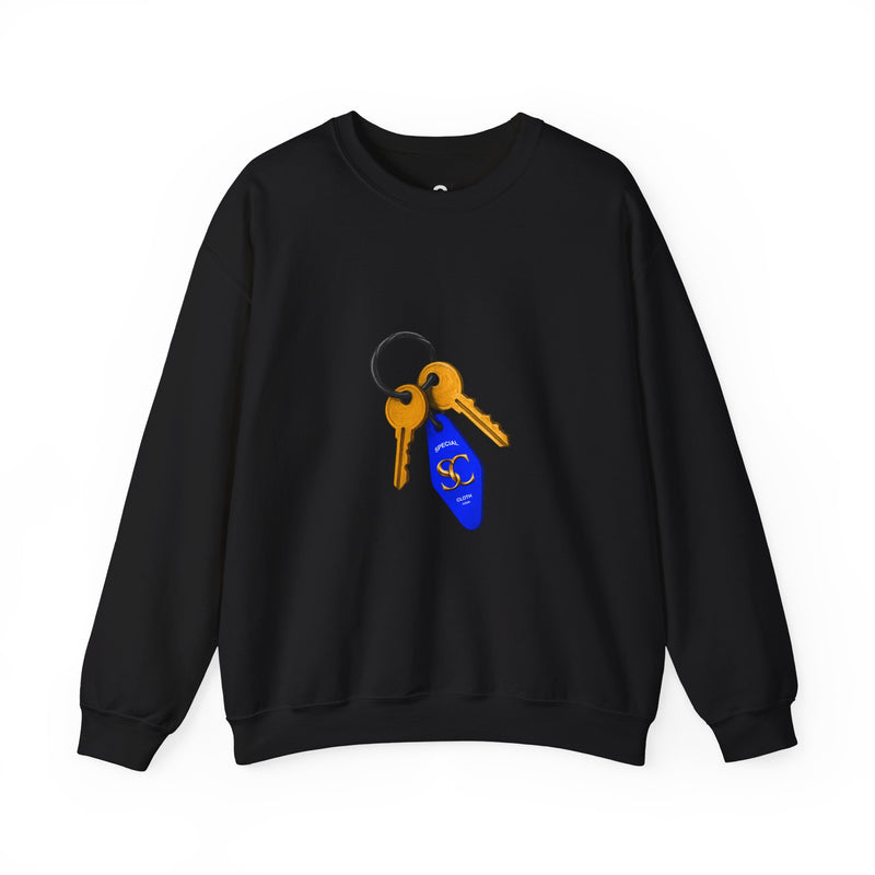 Crewneck Sweatshirt with Keychain Graphic – Retro Motel Key Tag Design