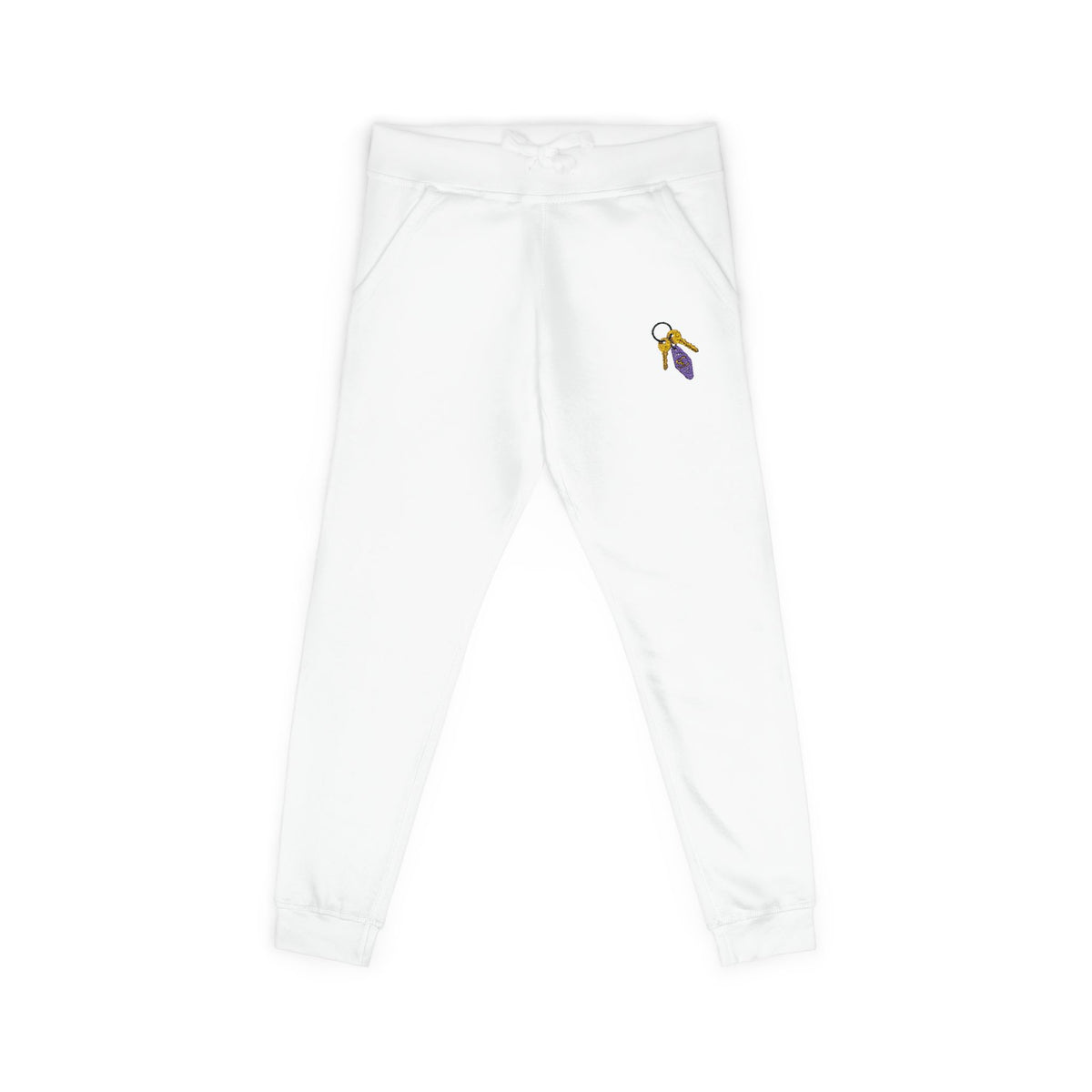 Embroidered Key & Feather Fleece Sweatpants — Cozy White Joggers