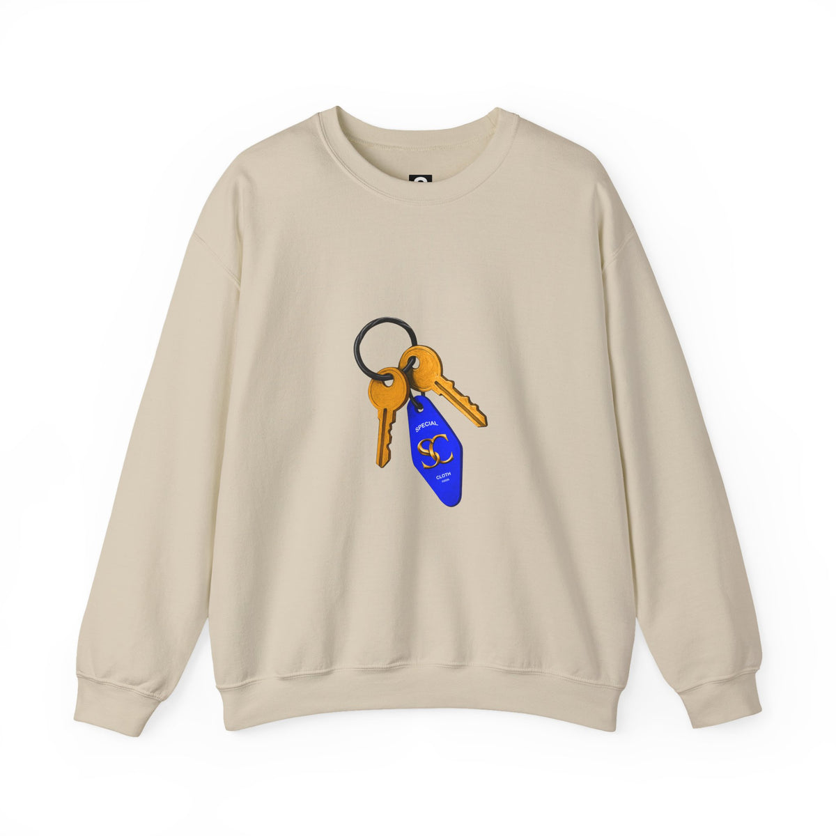 Crewneck Sweatshirt with Keychain Graphic – Retro Motel Key Tag Design