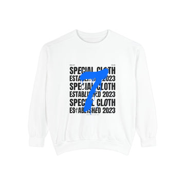 Graphic Sweatshirt — '7' Blue Paint Stroke Over 'Special Cloth Established 2023' Text