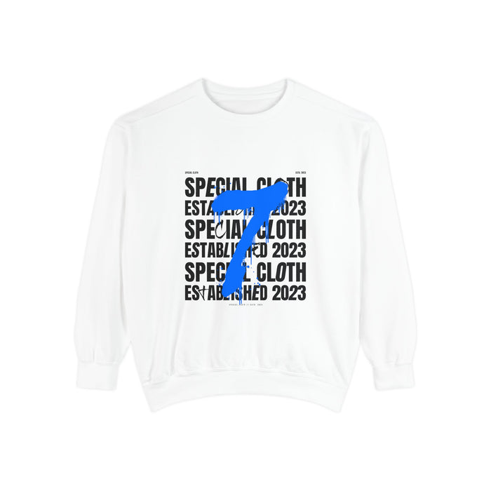 Graphic Sweatshirt — '7' Blue Paint Stroke Over 'Special Cloth Established 2023' Text
